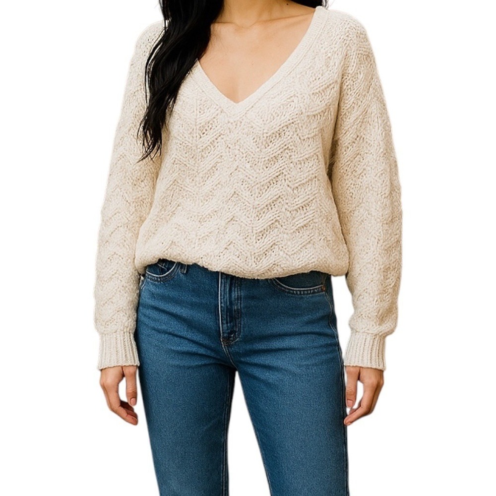 American Threads V-Neck Sweater Preppy Minimalist Pullover Casual Cream Large‎